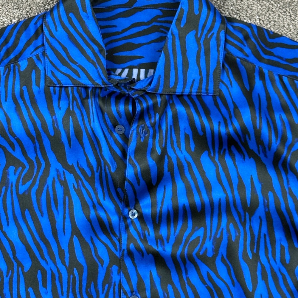 Made in Italy 100% Silk Shirt Mens M Blue Black Zebra Animal Print Luxury NWOT